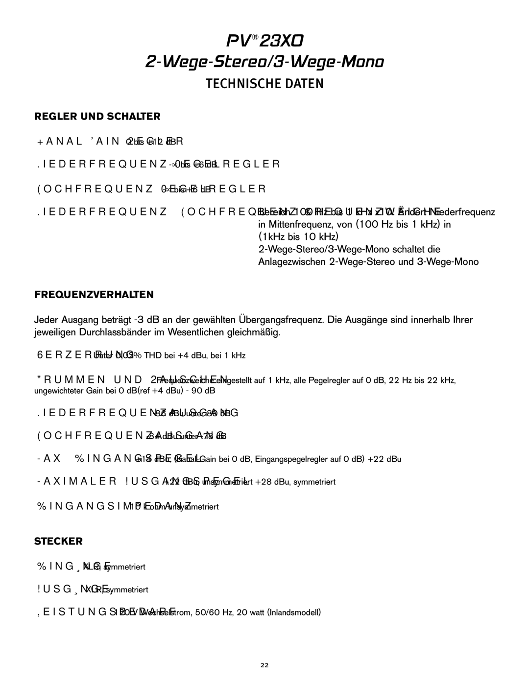 Peavey 23XO manual Regler UND Schalter, Frequenzverhalten, Stecker 