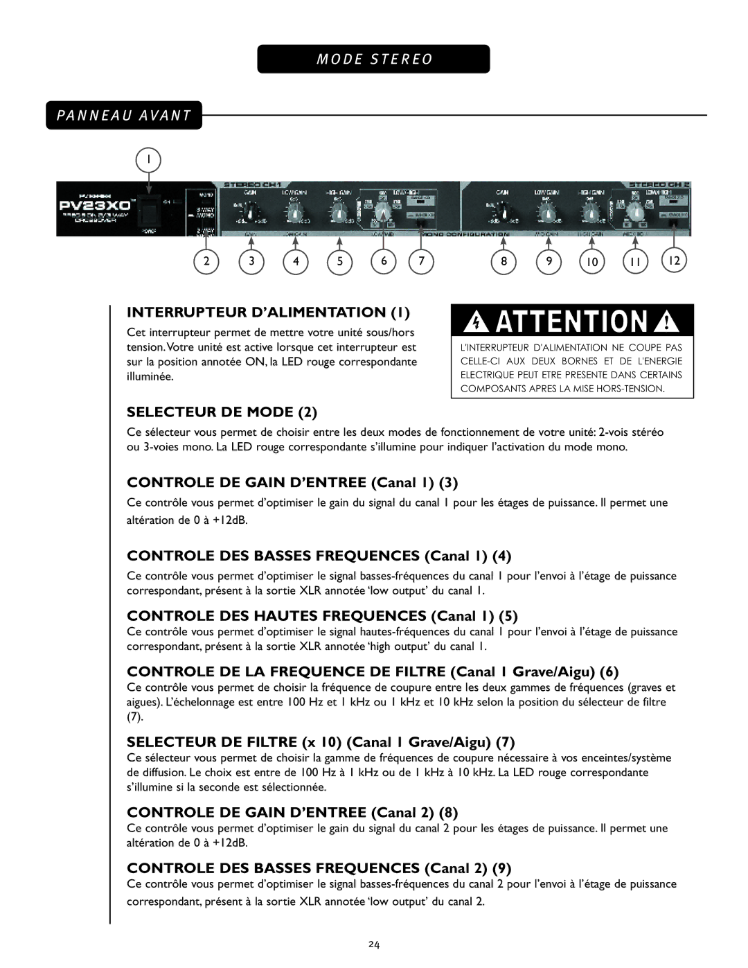 Peavey 23XO manual Interrupteur D’ALIMENTATION, Selecteur DE Mode 