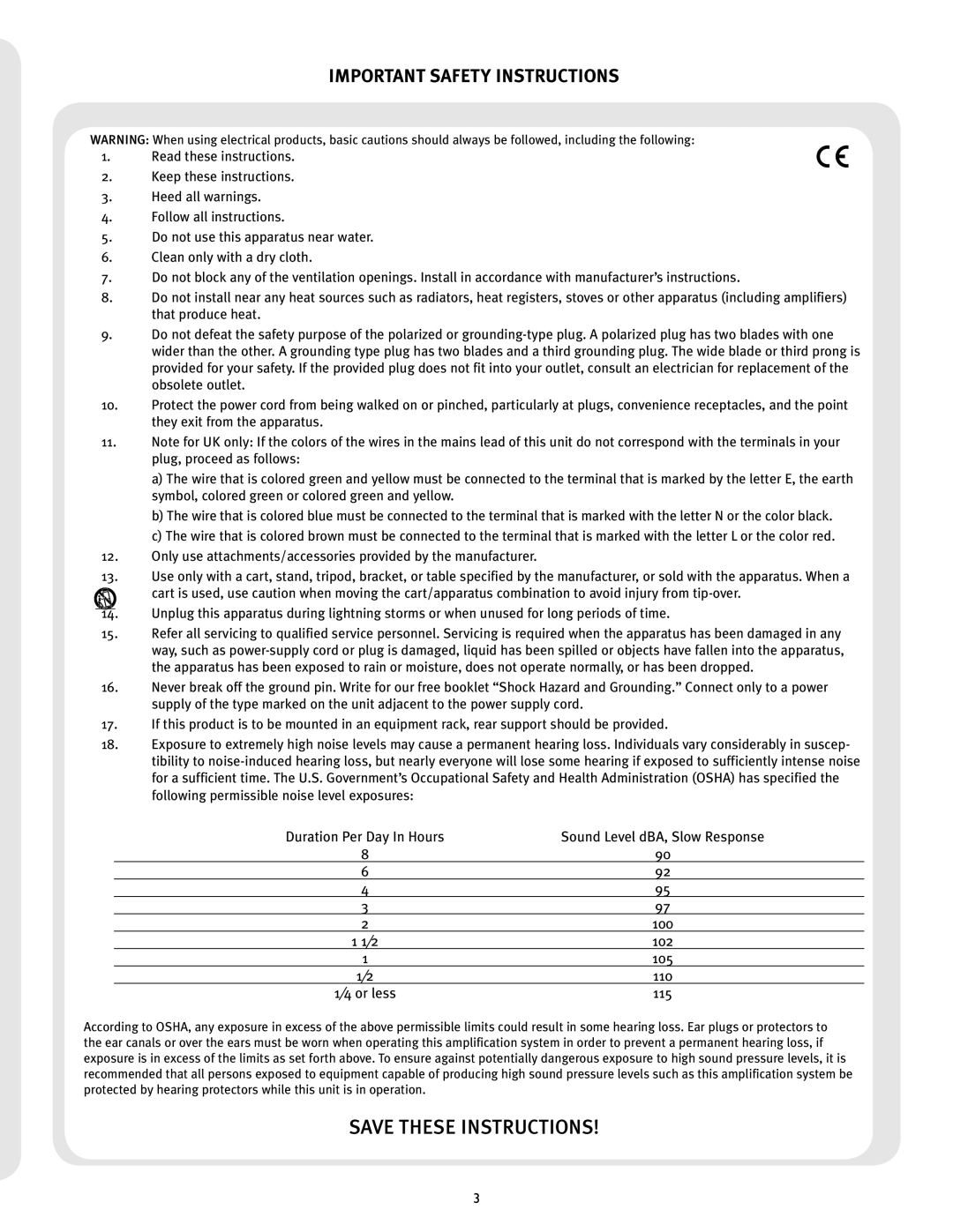 Peavey 23XO manual Important Safety Instructions, Sound Level dBA, Slow Response 