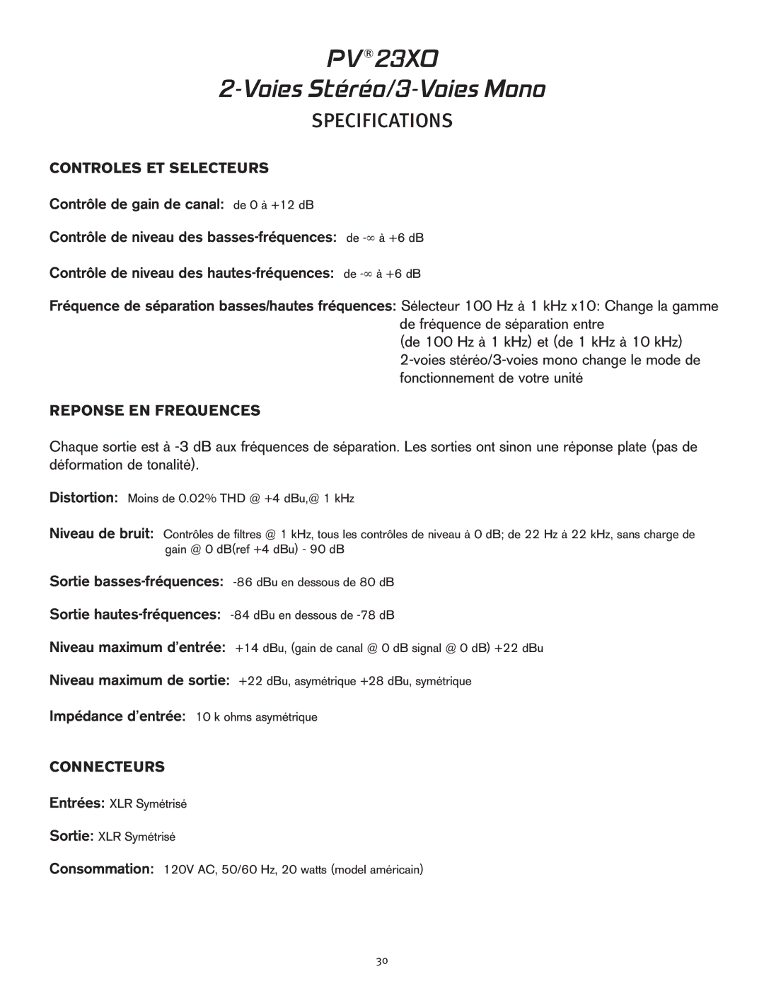 Peavey 23XO manual Controles ET Selecteurs, Reponse EN Frequences, Connecteurs 