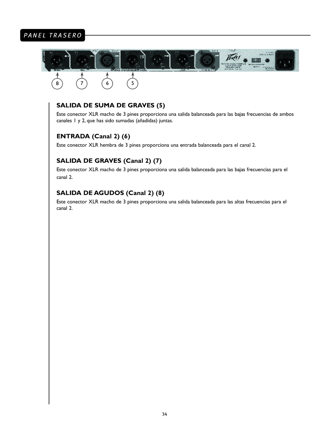 Peavey 23XO manual Salida DE Suma DE Graves, Entrada Canal 2, Salida DE Graves Canal 2, Salida DE Agudos Canal 2 