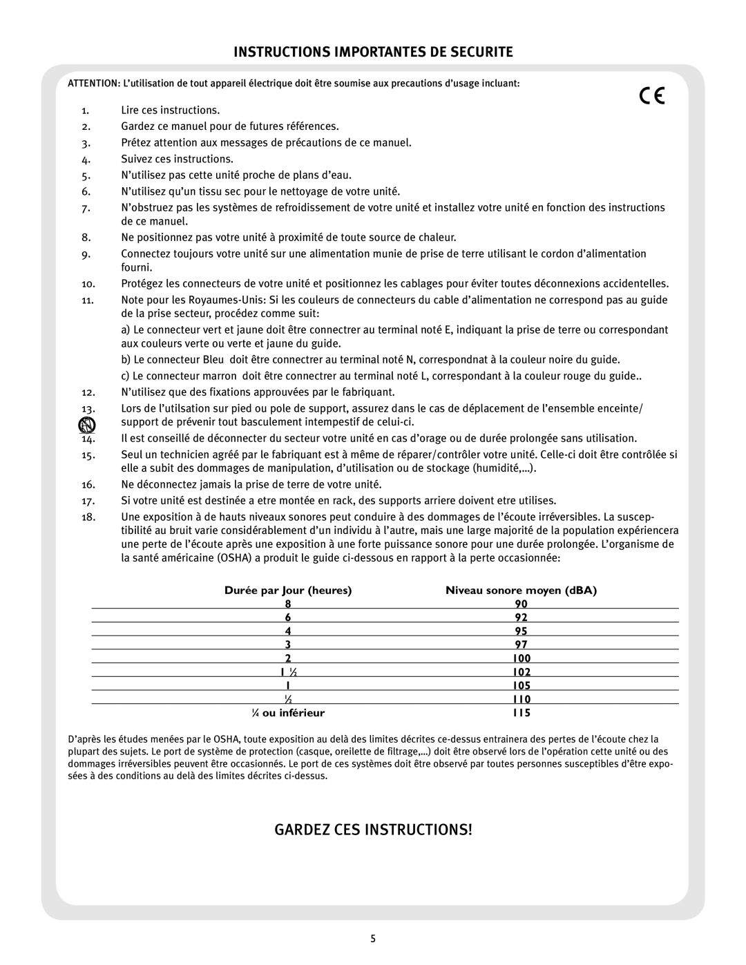 Peavey 23XO manual Instructions Importantes DE Securite, ⁄ 4 ou inférieur 