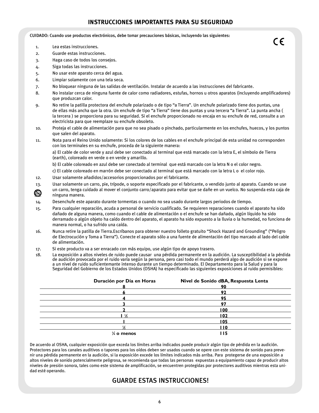 Peavey 23XO manual Instrucciones Importantes Para SU Seguridad, ⁄ 4 o menos 