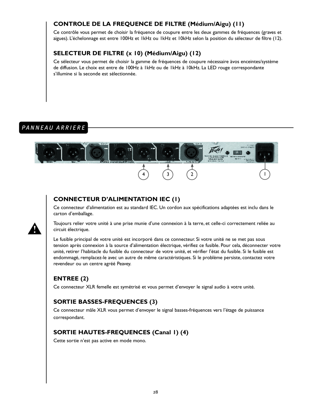 Peavey 23XO manual CONTROLE DE LA FREQUENCE DE FILTRE Médium/Aigu, SELECTEUR DE FILTRE x 10 Médium/Aigu, Entree 