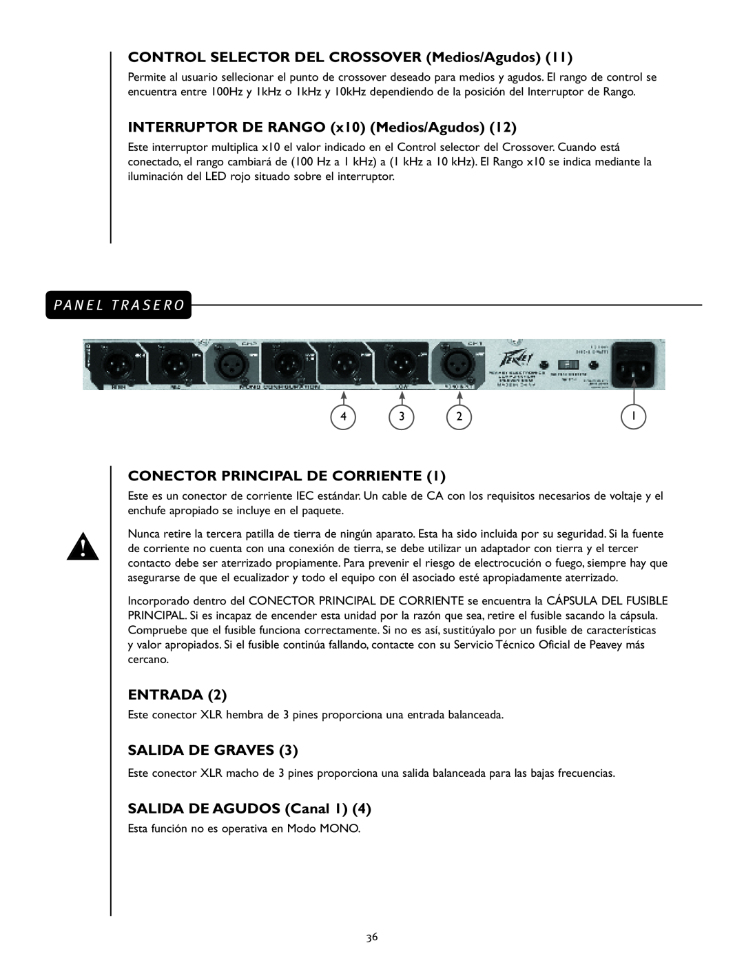 Peavey 23XO manual CONTROL SELECTOR DEL CROSSOVER Medios/Agudos, INTERRUPTOR DE RANGO x10 Medios/Agudos, Entrada 