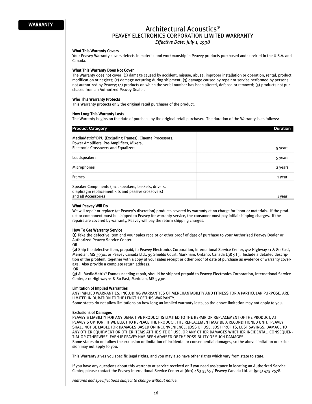 Peavey 2443/3243 user manual Architectural Acoustics 