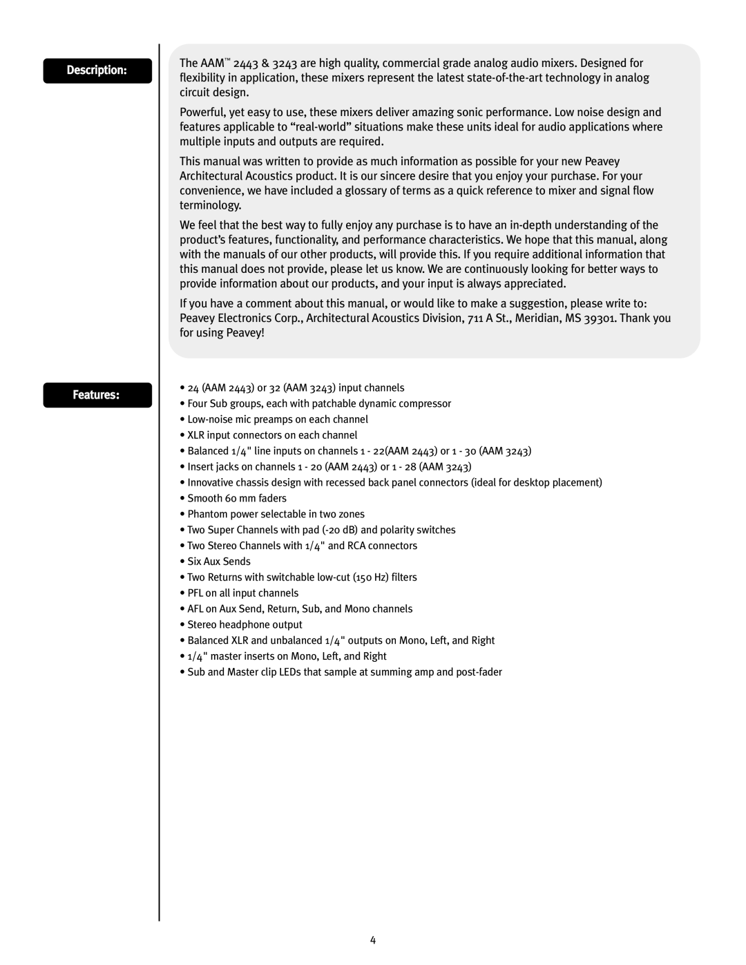 Peavey 2443/3243 user manual Description Features 