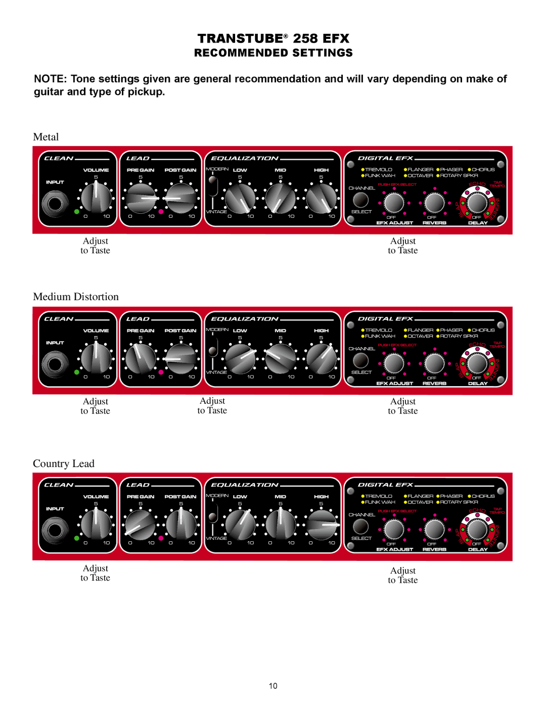 Peavey operation manual Transtube 258 EFX, Recommended Settings 