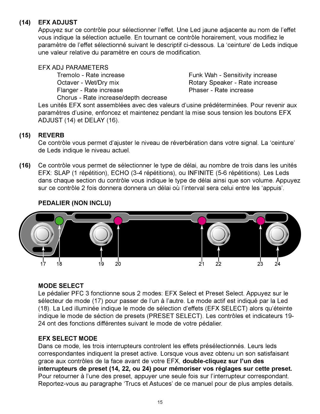 Peavey 258 EFX operation manual EFX Adjust, Pedalier NON Inclu 