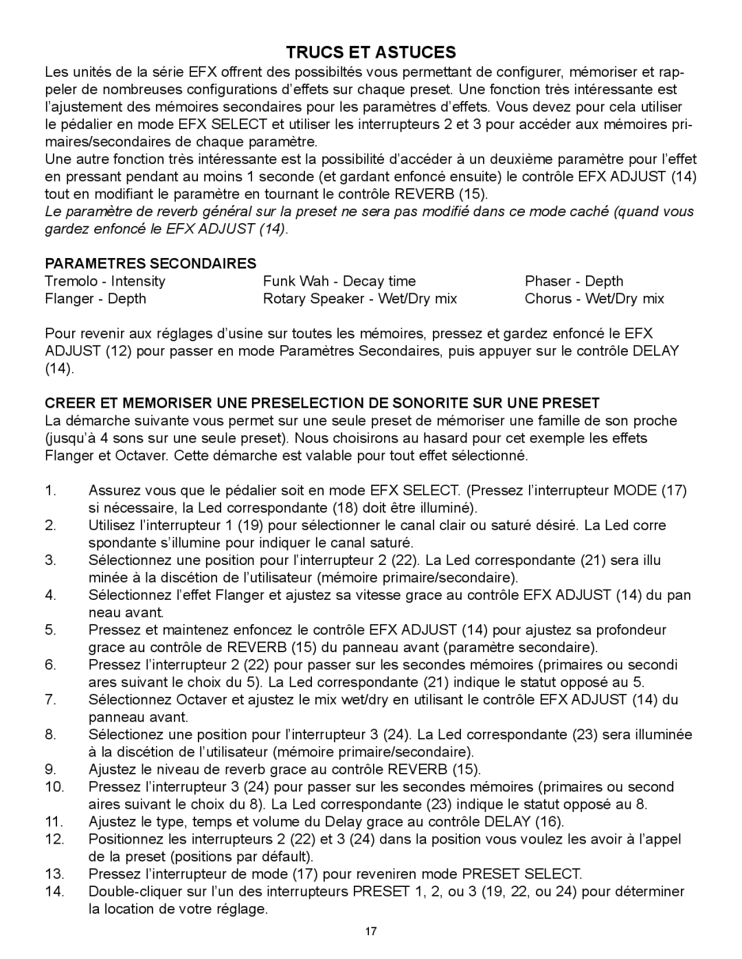 Peavey 258 EFX operation manual Trucs ET Astuces, Parametres Secondaires 