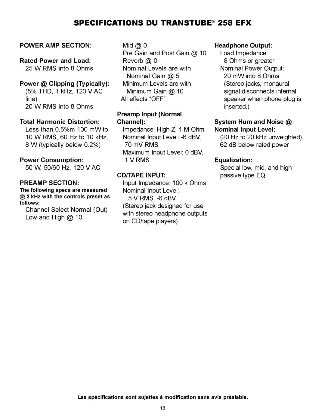 Peavey operation manual Specifications DU Transtube 258 EFX, Power AMP Section 