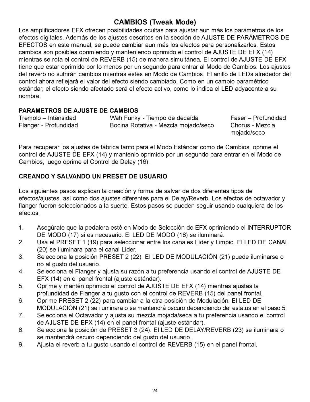 Peavey 258 EFX operation manual Parametros DE Ajuste DE Cambios, Creando Y Salvando UN Preset DE Usuario 