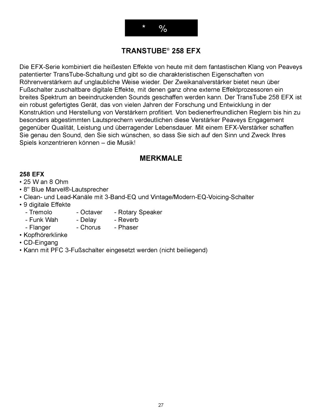 Peavey 258 EFX operation manual Deutsch, Merkmale 