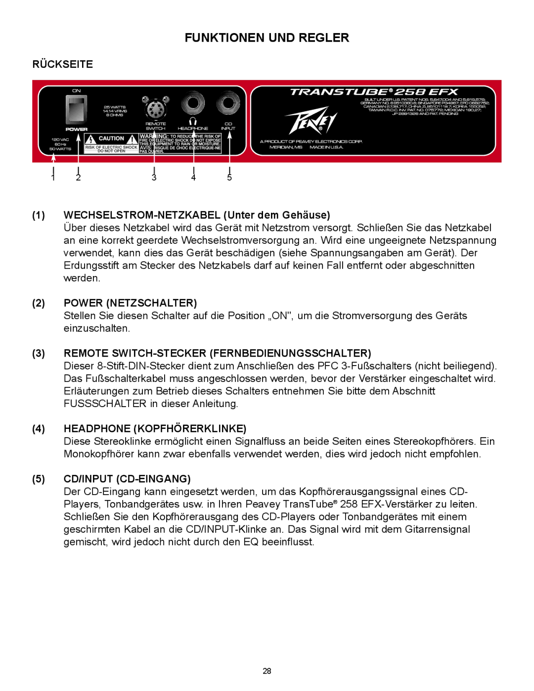 Peavey 258 EFX operation manual Funktionen UND Regler 