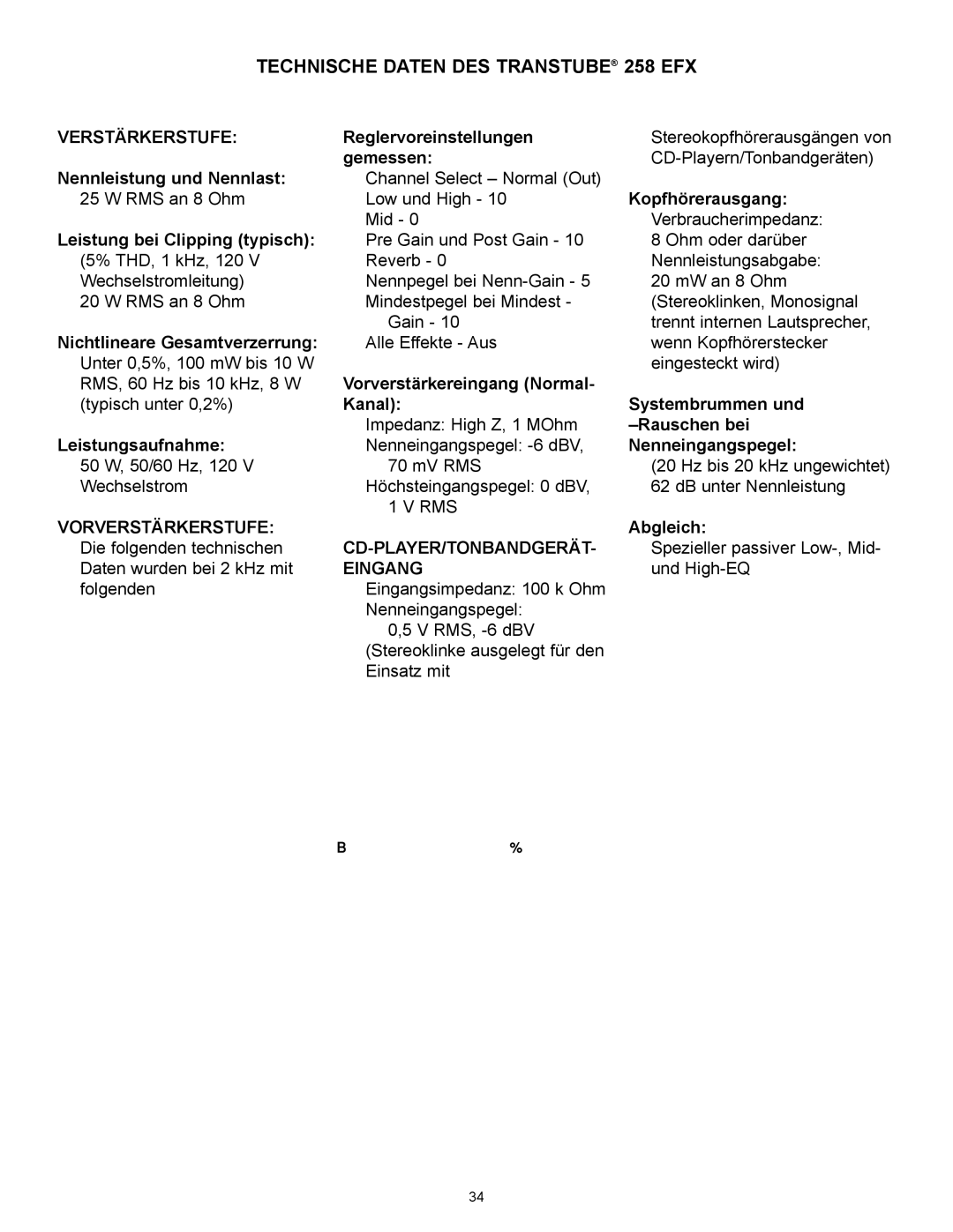 Peavey operation manual Technische Daten DES Transtube 258 EFX, Verstärkerstufe 