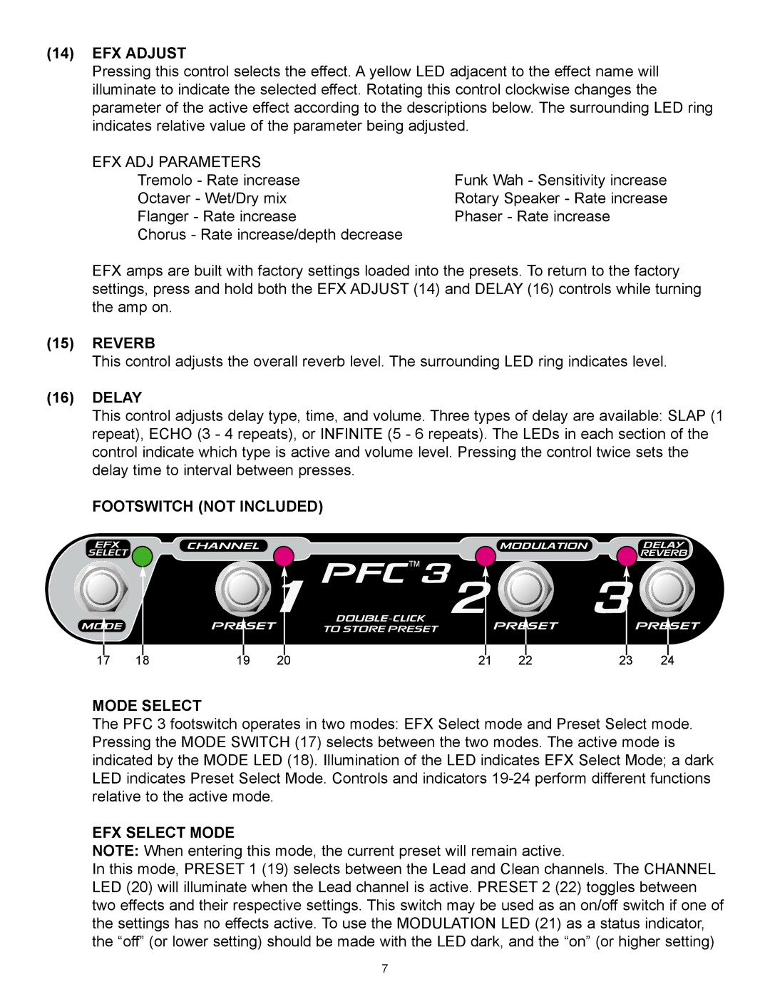 Peavey 258 EFX operation manual EFX Adjust, Reverb, Footswitch not Included, Mode Select, EFX Select Mode 