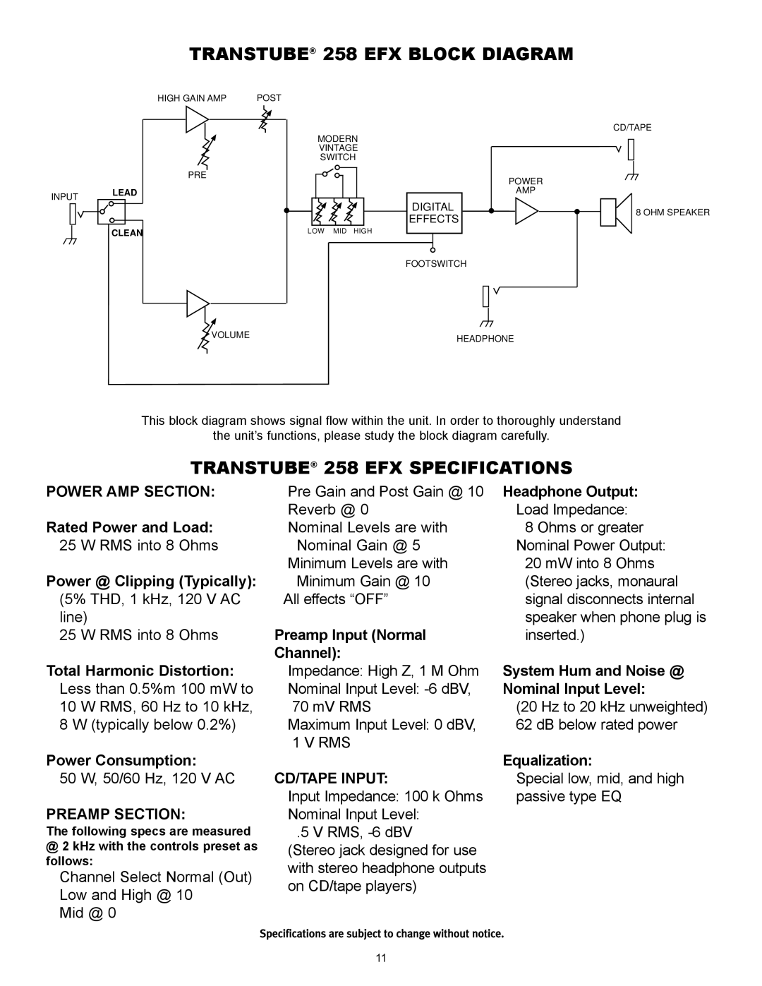 Peavey TRANSTUBE 258 EFX BLOCK DIAGRAM, TRANSTUBE 258 EFX SPECIFICATIONS, POWER AMP SECTION Rated Power and Load 
