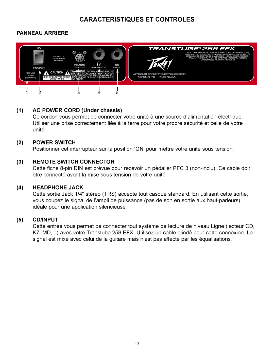 Peavey 258 EFX Caracteristiques Et Controles, Panneau Arriere, 1AC POWER CORD Under chassis, 2POWER SWITCH, 5CD/INPUT 