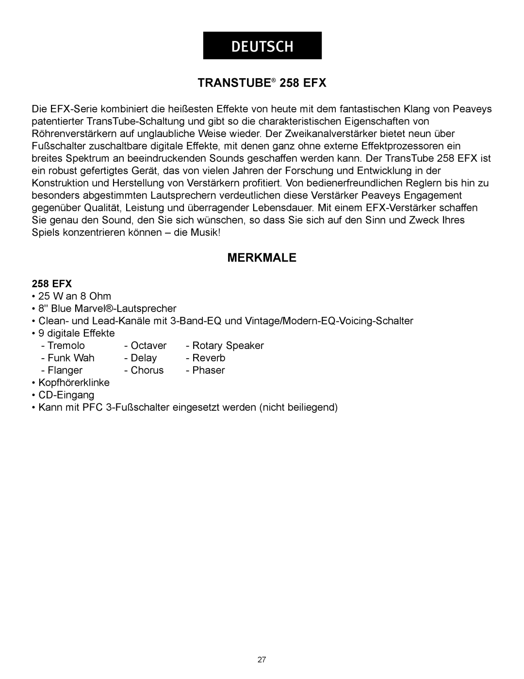 Peavey operation manual Deutsch, Merkmale, TRANSTUBE 258 EFX 