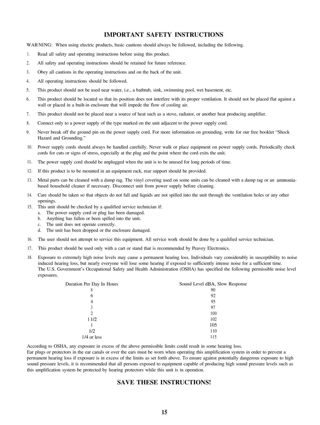 Peavey 2.6 C manual Important Safety Instructions 