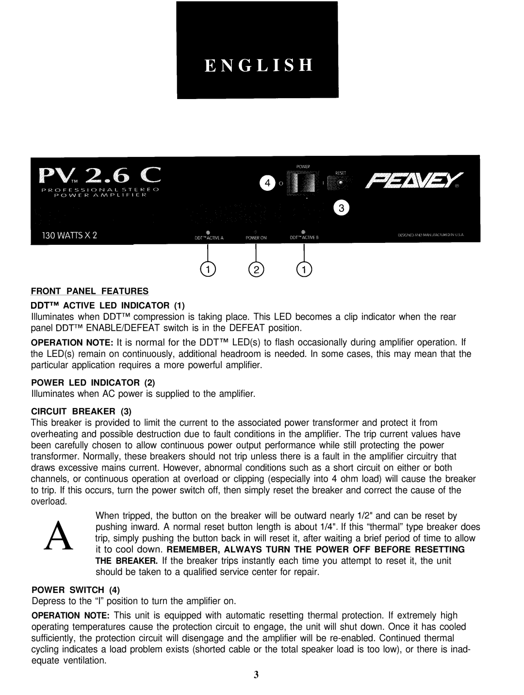 Peavey 2.6 C manual Illuminates when AC power is supplied to the amplifier 