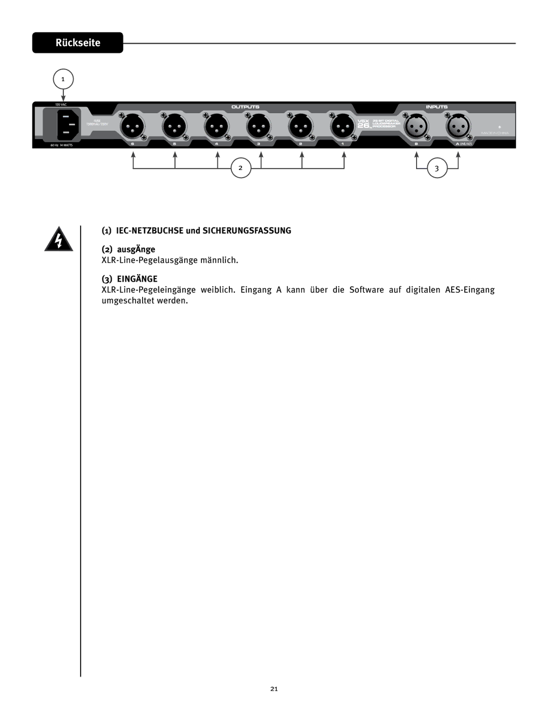 Peavey 26 manual Rückseite, IEC-NETZBUCHSE und Sicherungsfassung AusgÄnge, XLR-Line-Pegelausgänge männlich, Eingänge 