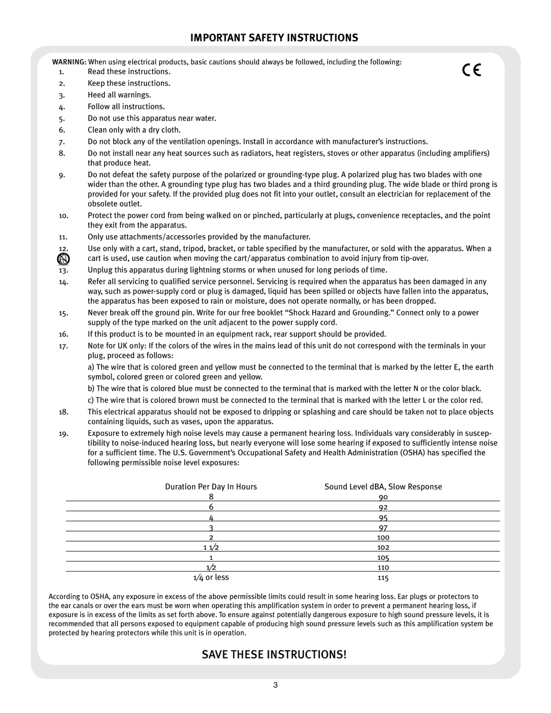 Peavey 26 manual Important Safety Instructions 