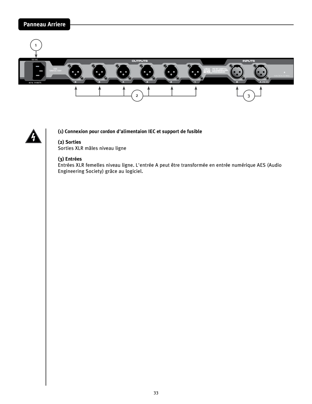 Peavey 26 manual Panneau Arriere, Sorties XLR mâles niveau ligne, Entrées 