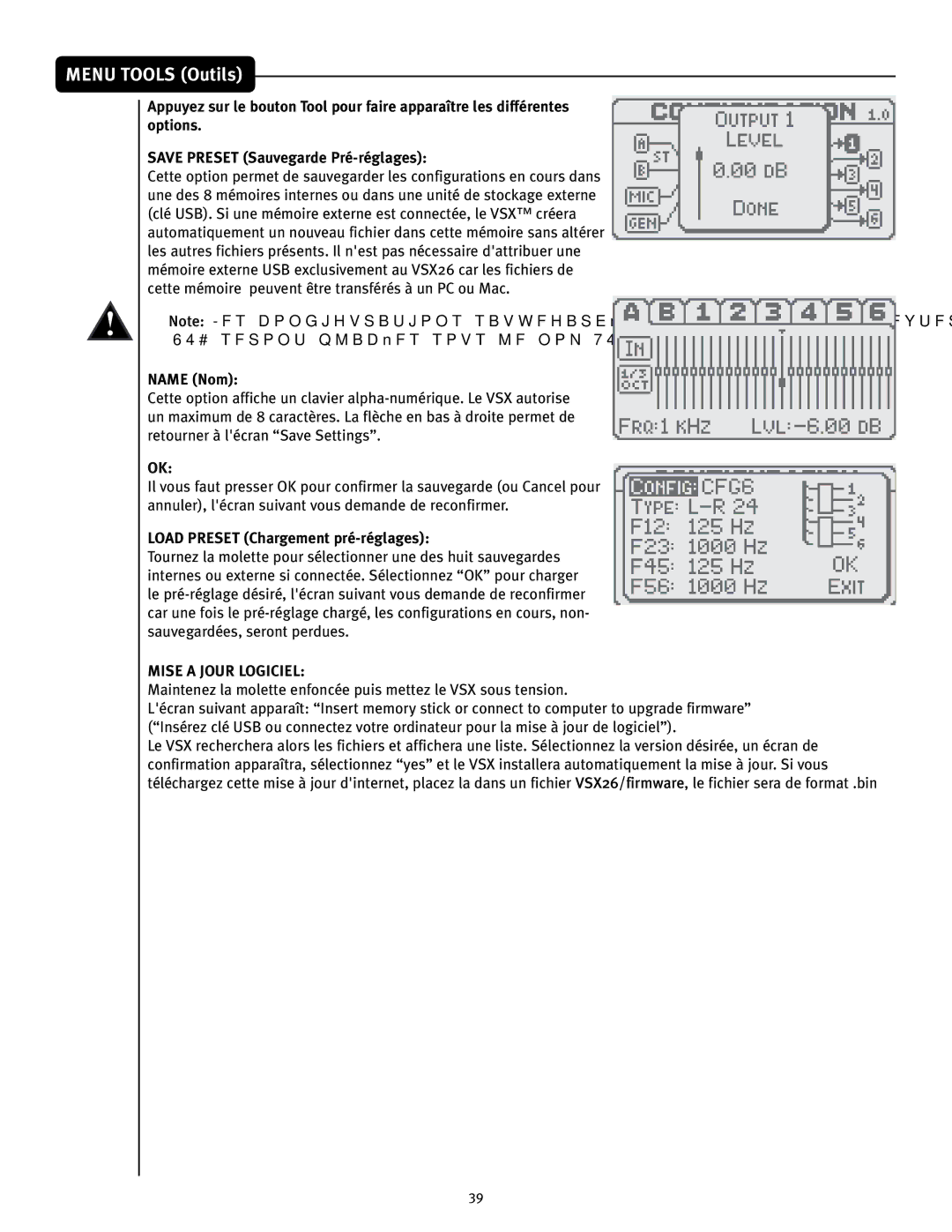 Peavey 26 manual Menu Tools Outils, Name Nom, Load Preset Chargement pré-réglages, Mise a Jour Logiciel 