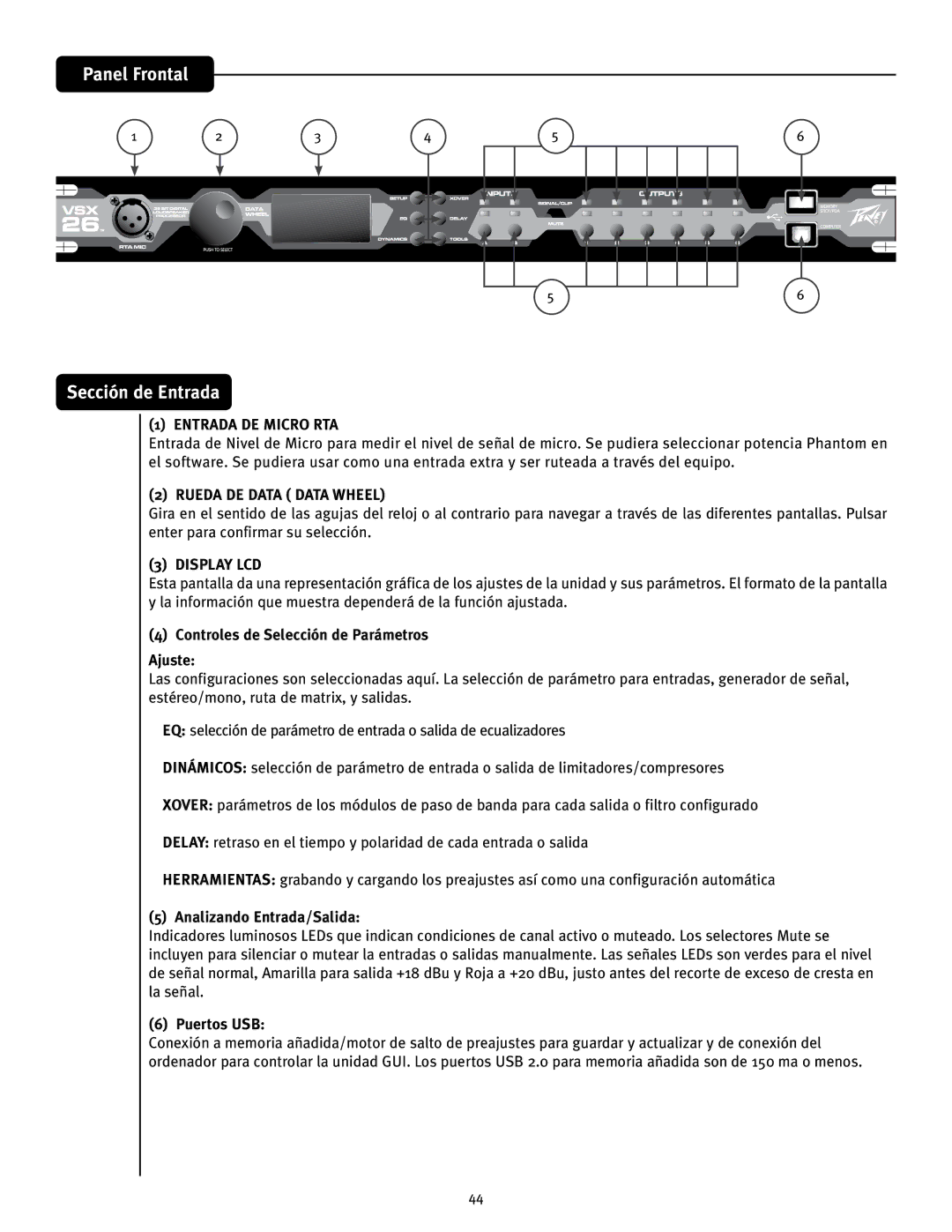 Peavey 26 manual Panel Frontal Sección de Entrada, Entrada DE Micro RTA, Rueda DE Data Data Wheel, Display LCD 