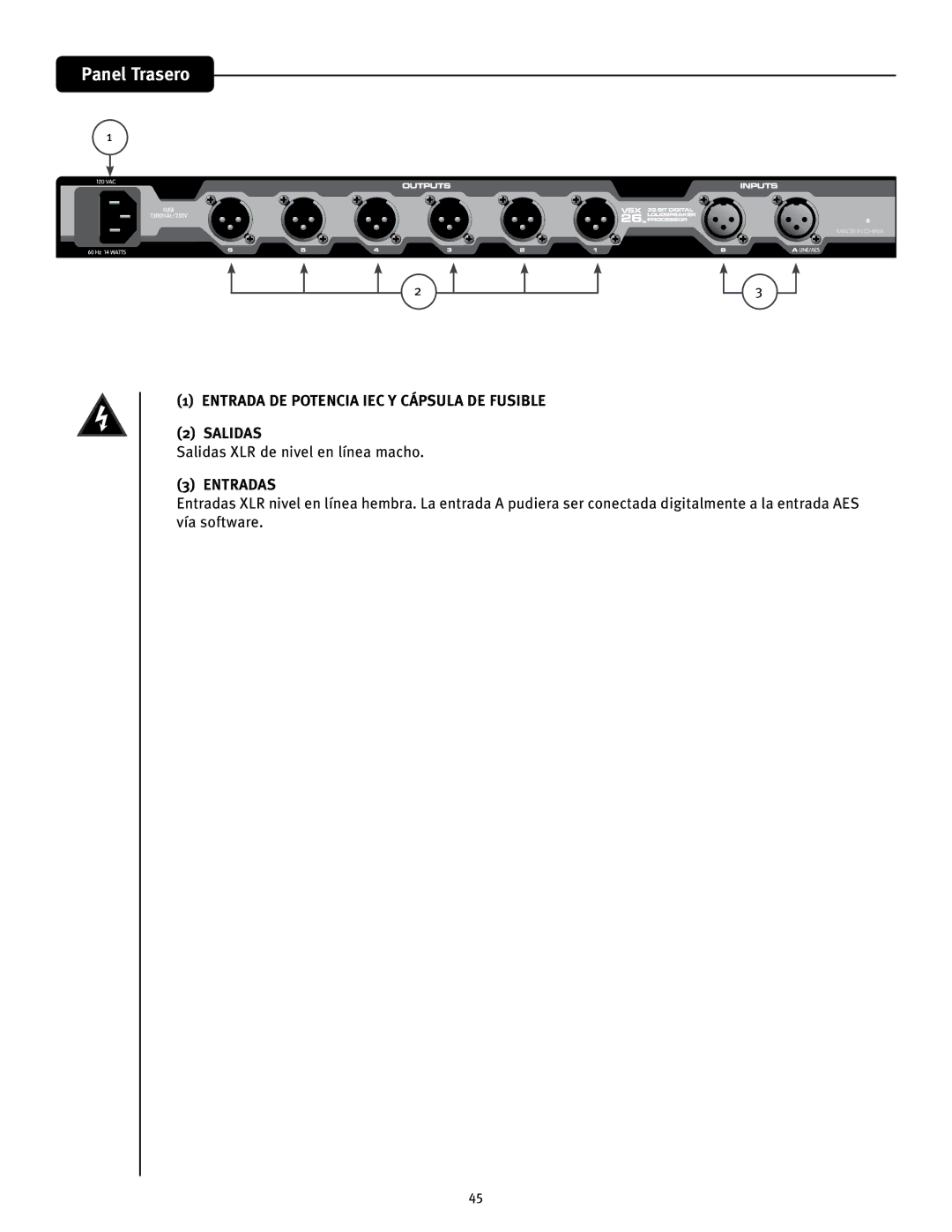 Peavey 26 manual Panel Trasero, Entrada DE Potencia IEC Y Cápsula DE Fusible Salidas, Salidas XLR de nivel en línea macho 