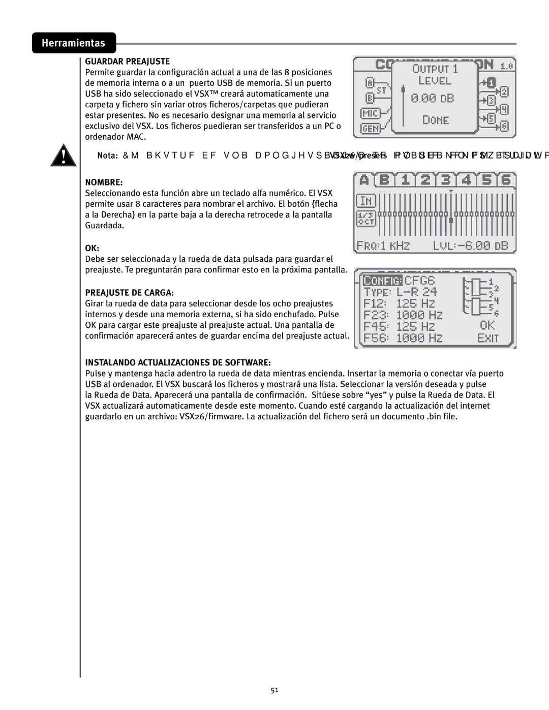 Peavey 26 manual Herramientas, Guardar Preajuste, Nombre, Preajuste DE Carga, Instalando Actualizaciones DE Software 