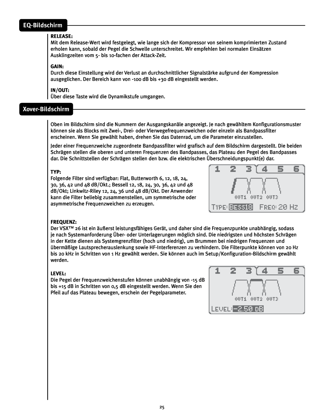 Peavey 26 manual Xover-Bildschirm, EQ-Bildschirm, Release, Gain, In/Out, FrequenZ, Level 