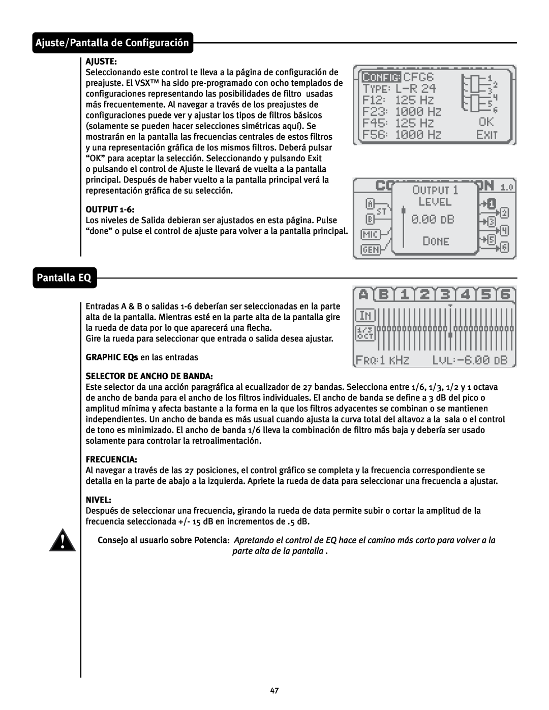 Peavey 26 manual Pantalla EQ, Ajuste/Pantalla de Configuración, Output, Selector De Ancho De Banda, Frecuencia, Nivel 