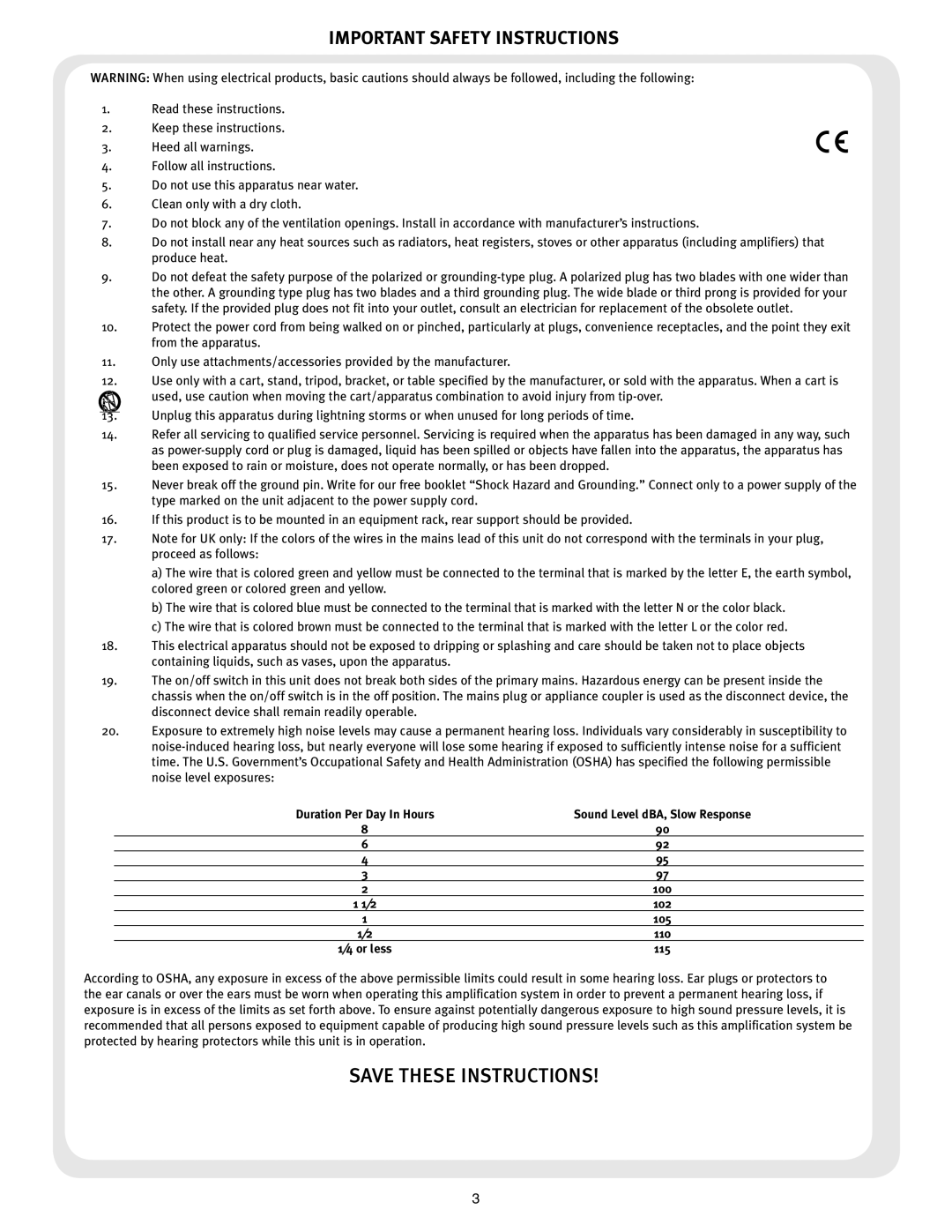 Peavey 3000 manual Important Safety Instructions, Sound Level dBA, Slow Response 