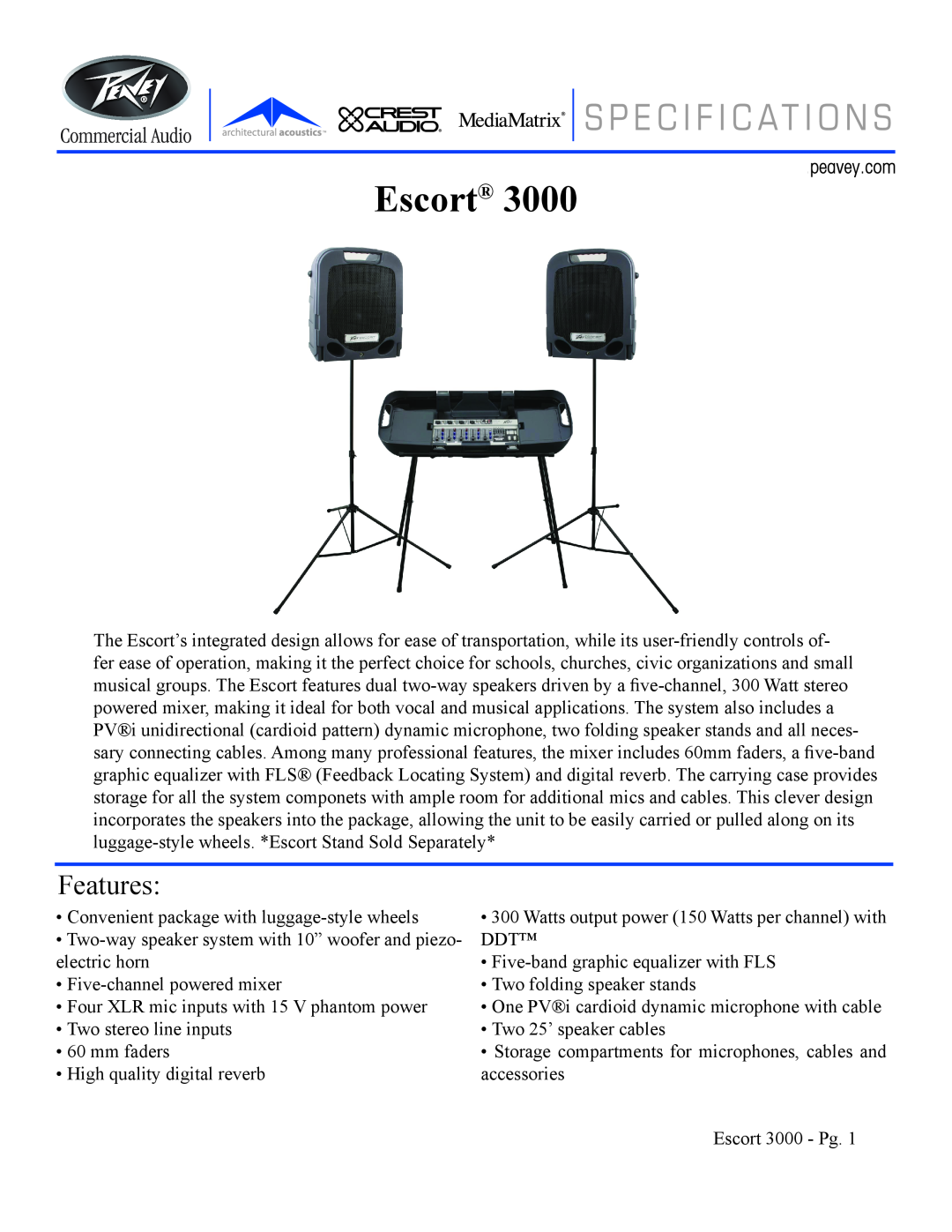 Peavey 3000 manual Escort, Features 