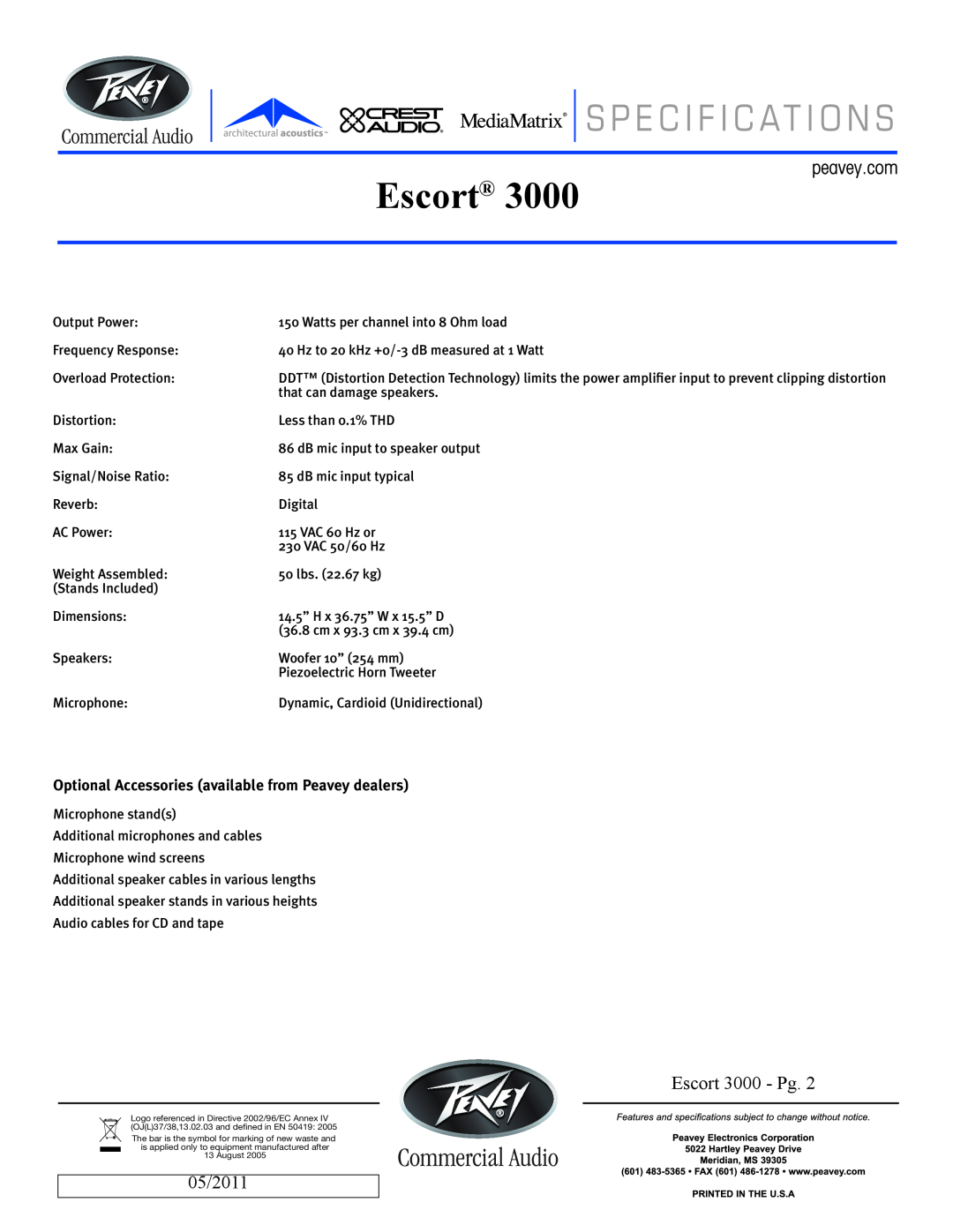Peavey manual Escort 3000 - Pg, 05/2011 