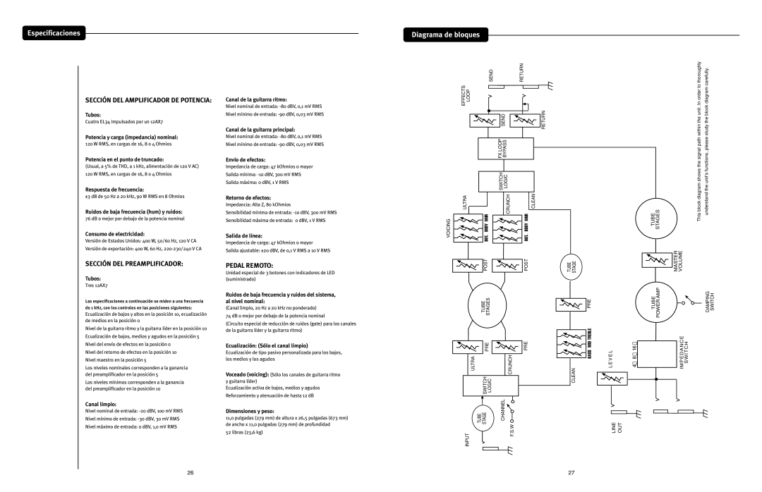 Peavey 3120 manual Especificaciones, Diagrama de bloques, Sección DEL Amplificador DE Potencia, Sección DEL Preamplificador 