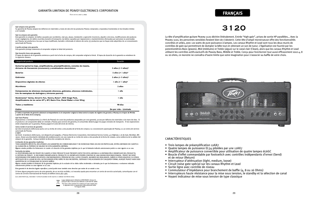 Peavey 3120 manual Garantía Limitada DE Peavey Electronics Corporation, Caractéristiques, Categoría del producto 