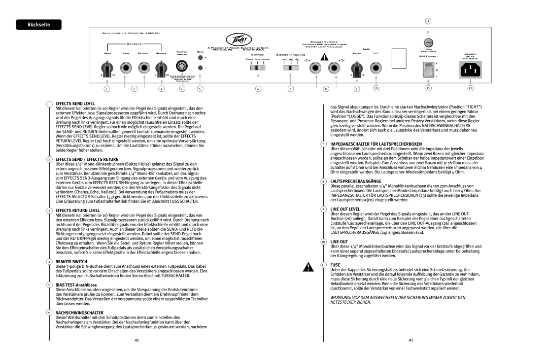 Peavey 3120 manual Bias TEST-Anschlüsse, Nachschwingschalter, Impedanzschalter FÜR Lautsprecherboxen, Lautsprecherausgänge 