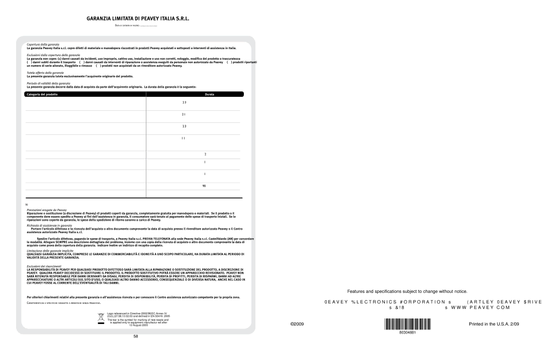 Peavey 3120 manual Garanzia Limitata DI Peavey Italia S.R.L, Categoria del prodotto, Cavi Ciclo utile limitato 