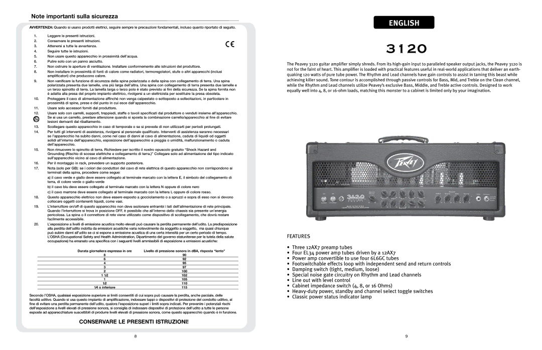 Peavey 3120 manual Features, Livello di pressione sonora in dBA, risposta lento 