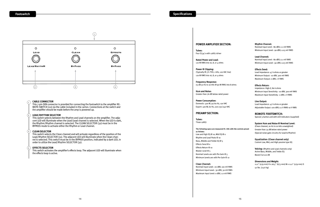 Peavey 3120 manual Specifications, Power Amplifier Section, Preamp Section, Remote Footswitch 