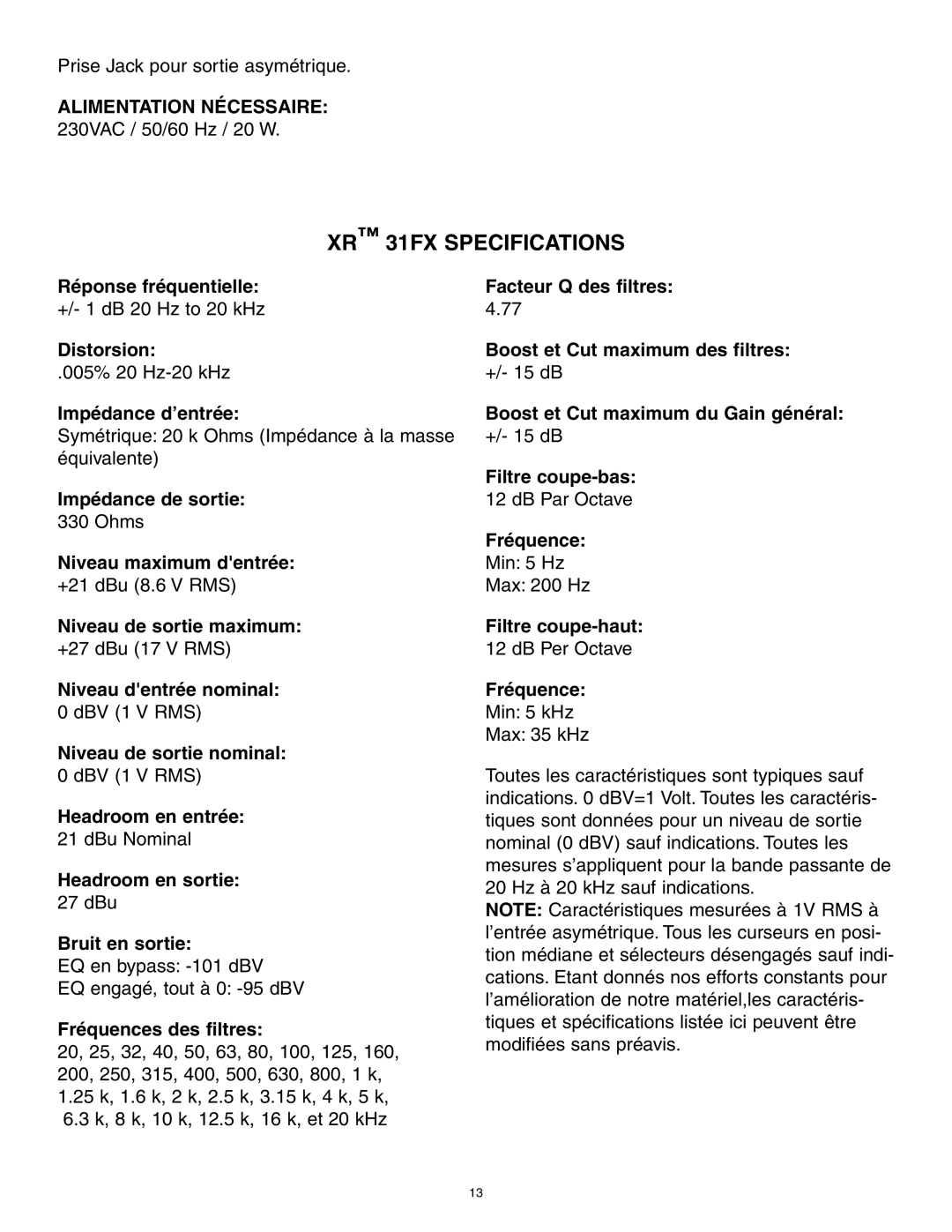 Peavey owner manual XR 31FX Specifications 