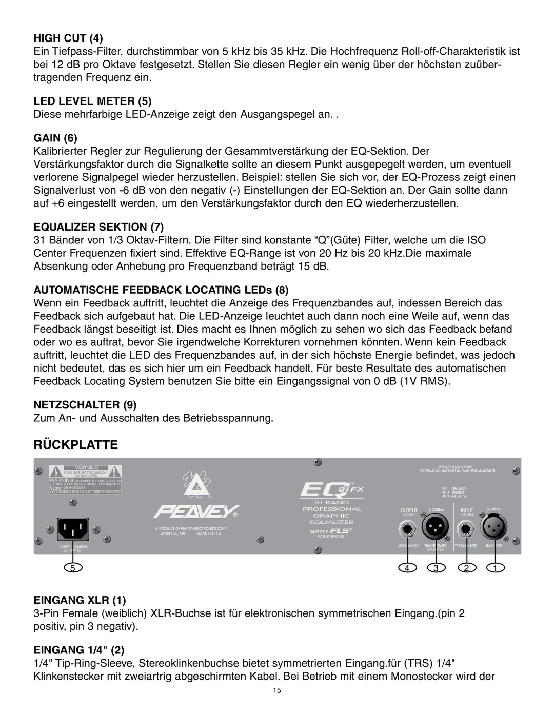 Peavey 31FX owner manual Rückplatte, Equalizer Sektion, Netzschalter, Eingang XLR 