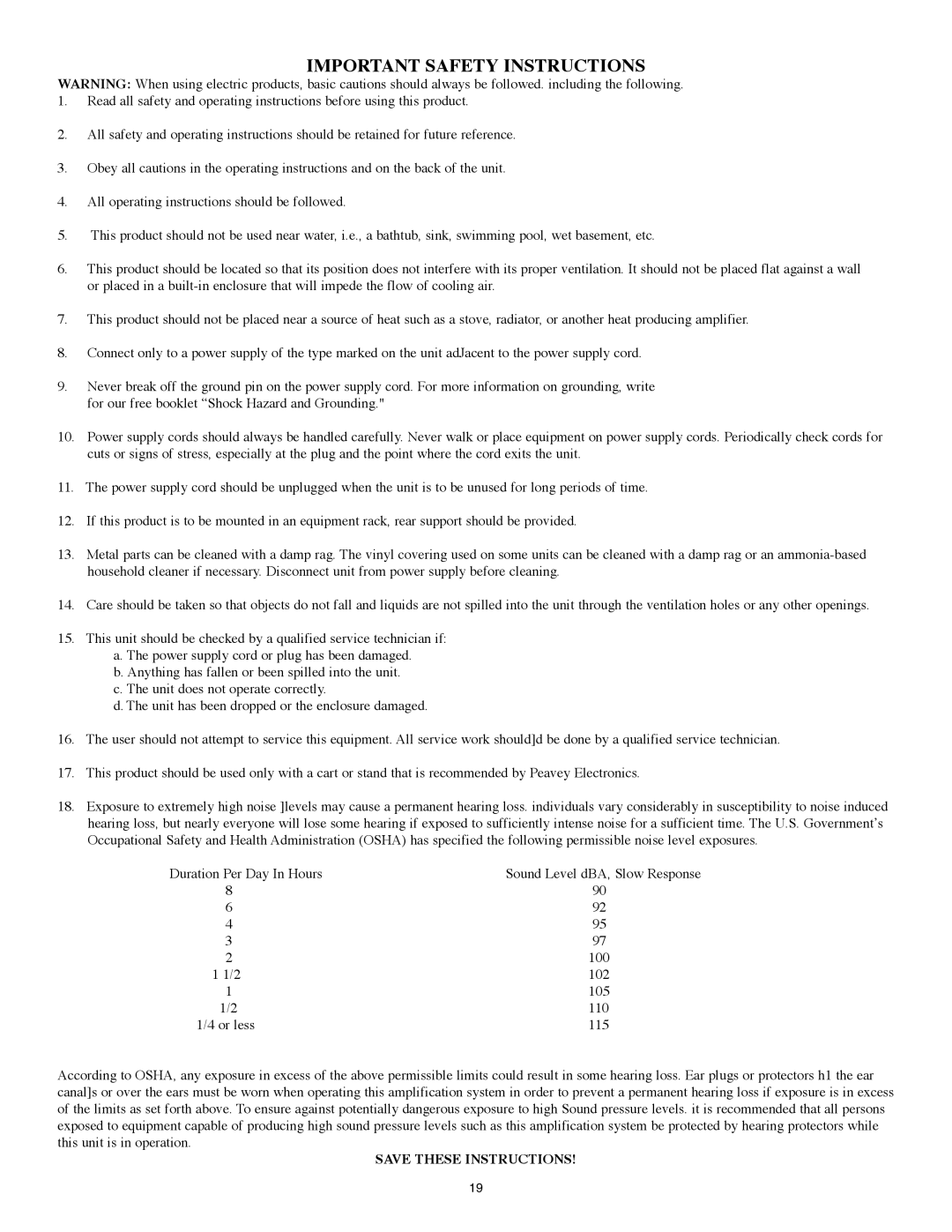 Peavey 31FX owner manual Important Safety Instructions 