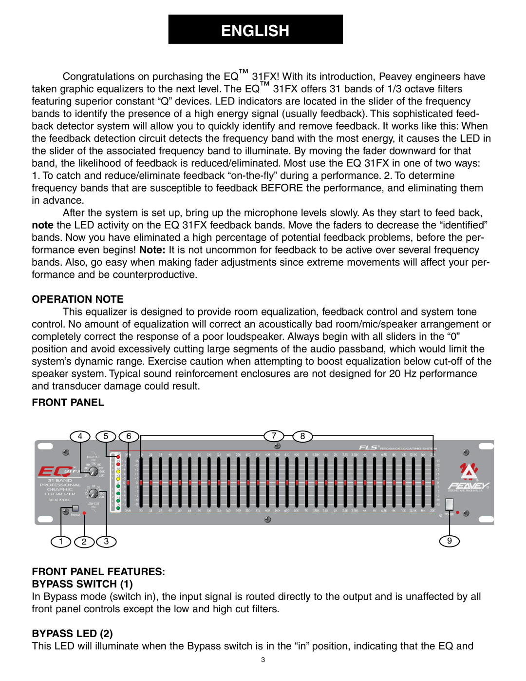 Peavey 31FX owner manual English, Operation Note, Front Panel Front Panel Features Bypass Switch, Bypass LED 