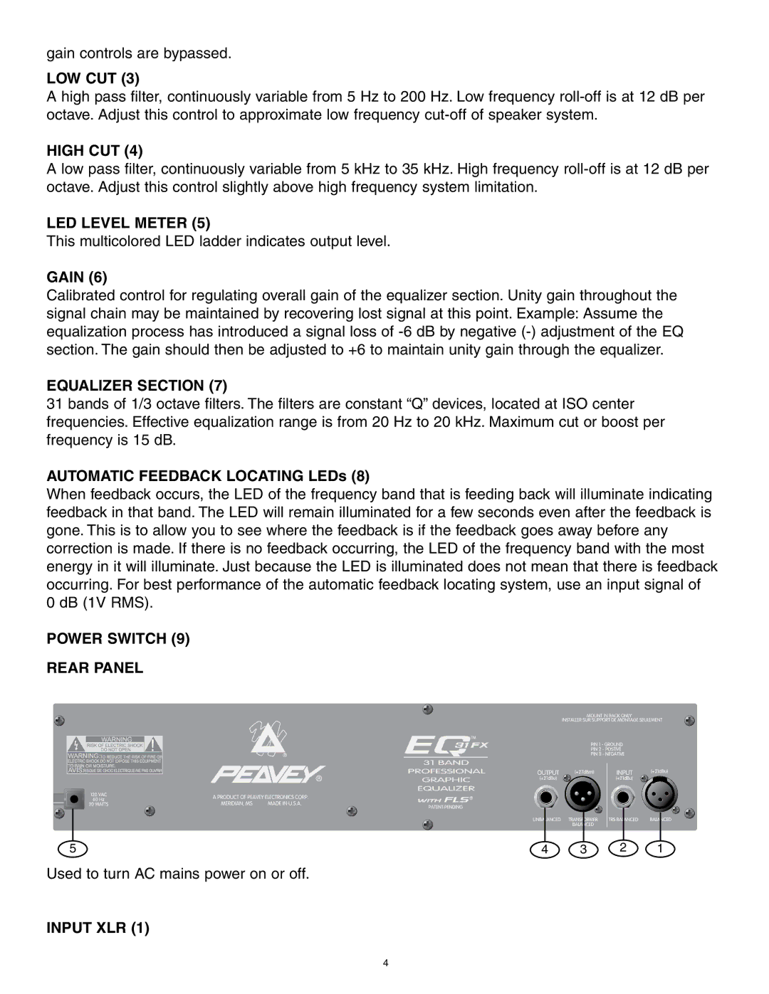 Peavey 31FX owner manual Low Cut, High CUT, LED Level Meter, Equalizer Section, Power Switch Rear Panel, Input XLR 