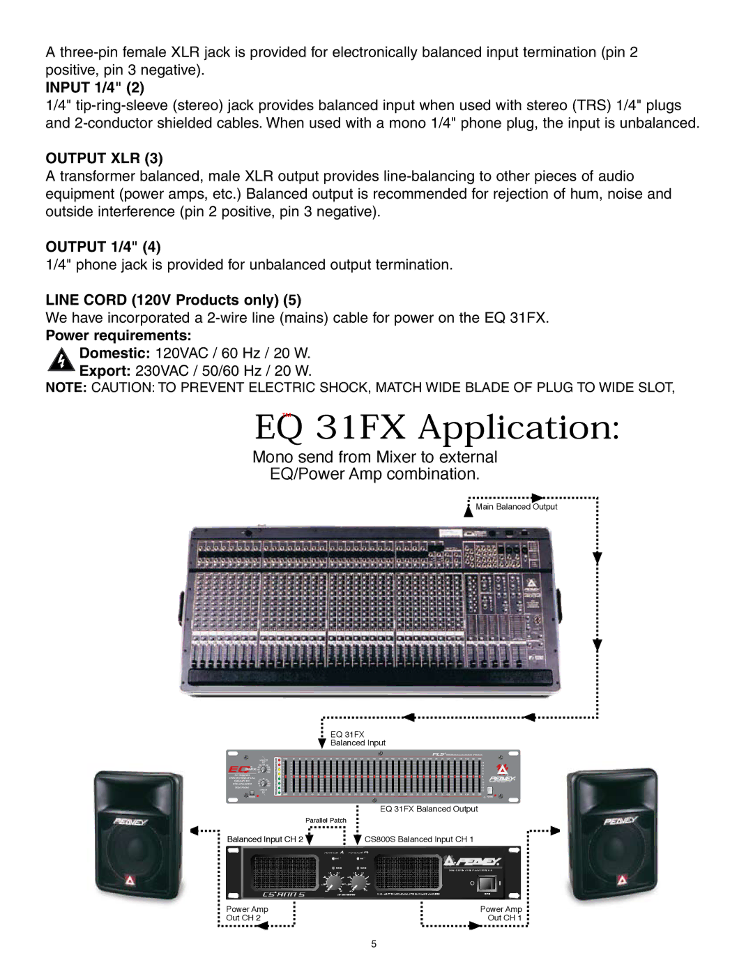 Peavey 31FX owner manual Input 1/4, Output XLR, Output 1/4, Line Cord 120V Products only, Power requirements 