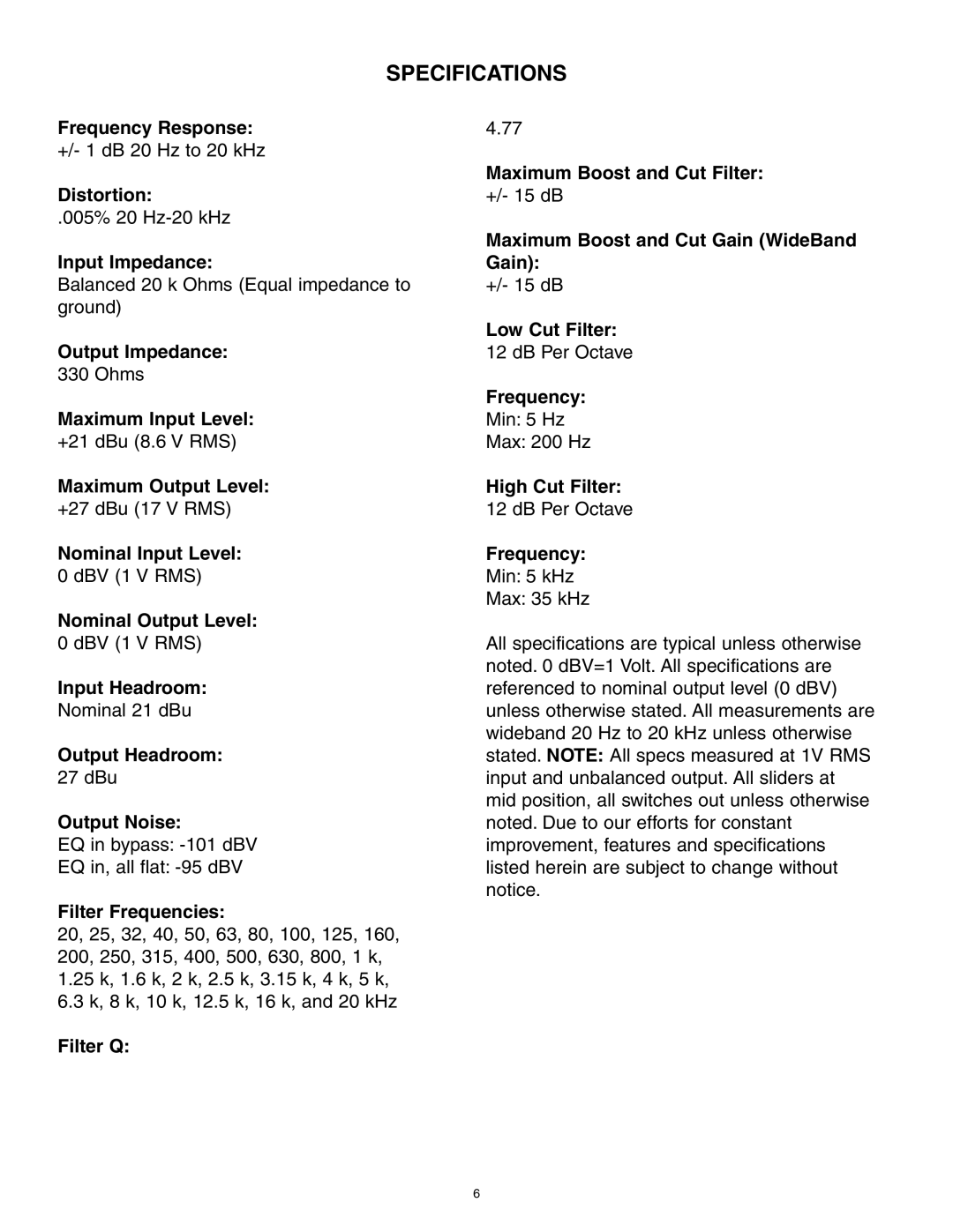 Peavey 31FX owner manual Specifications 